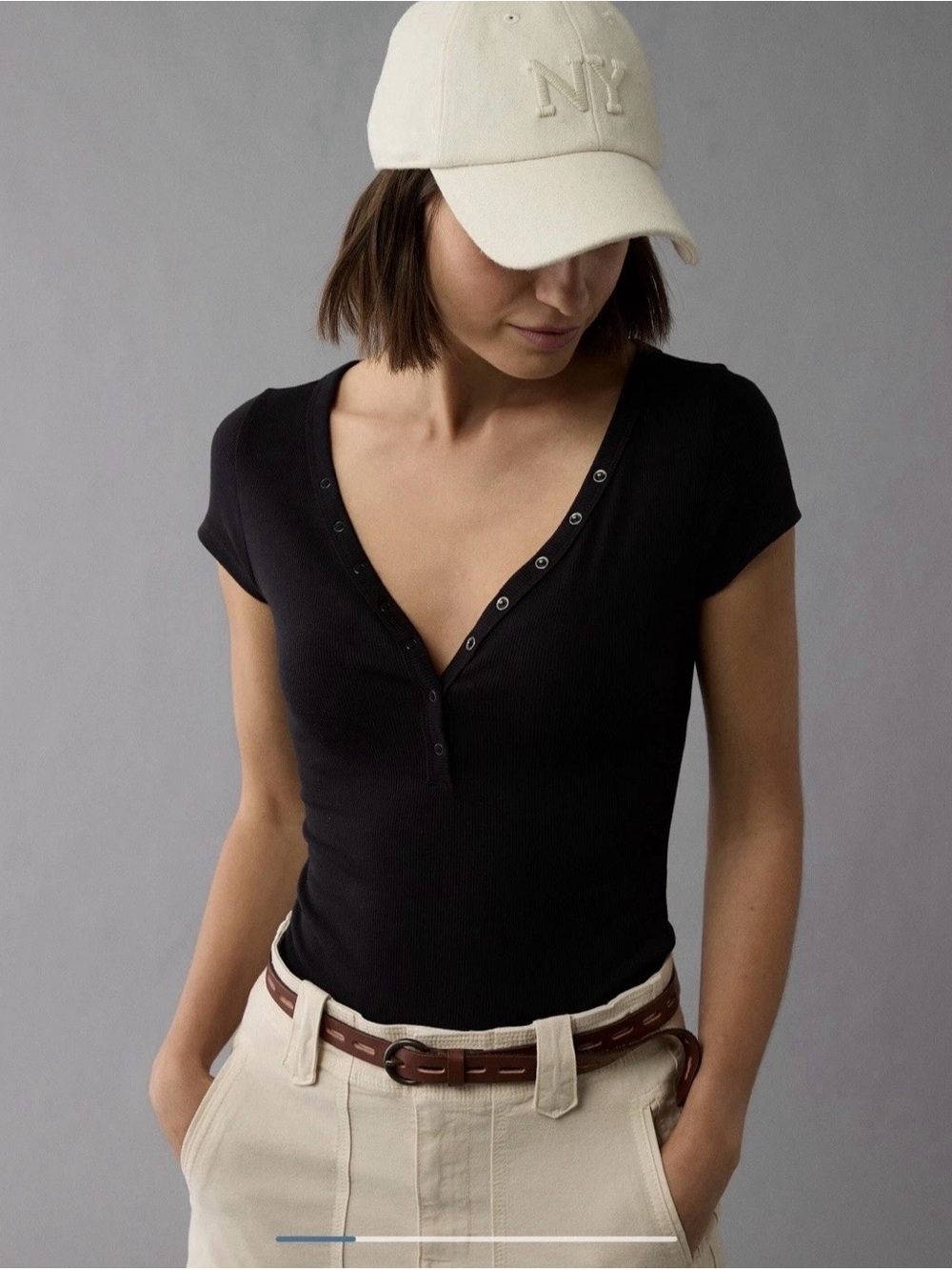 American Eagle Women’s Henley T-Shirt Bodysuit Color Black Size M